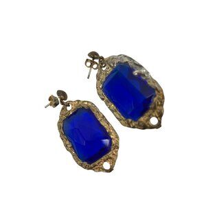 Vintage Estate Earrings Blue Quartz Facet Statement Fashion Jewelry Dangle